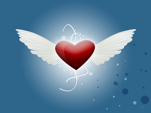 Blue and light blue circles as a background to a red heart and two wings design