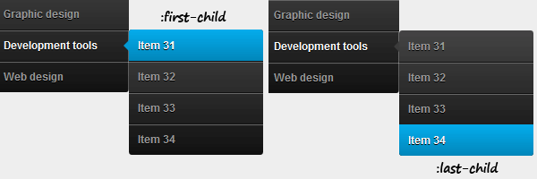 :first-child and :last-child list elements in a dropdown menu