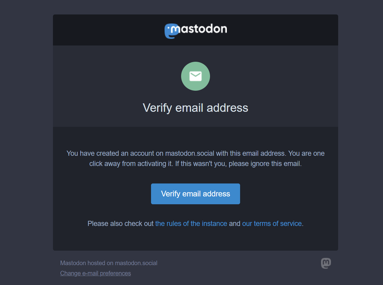 Mastodon sign up email preview