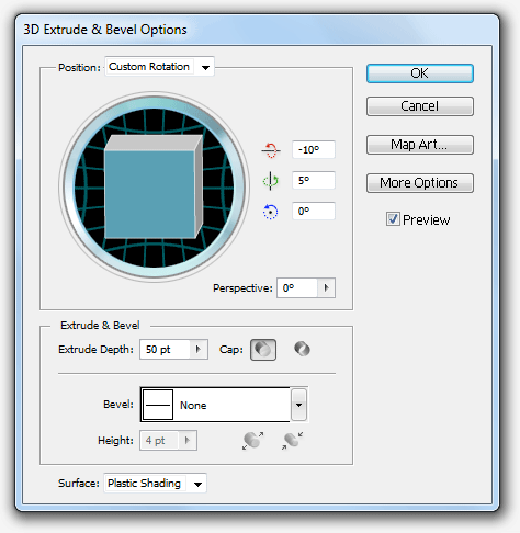 Illustrator 3D Extrude & Bevel settings