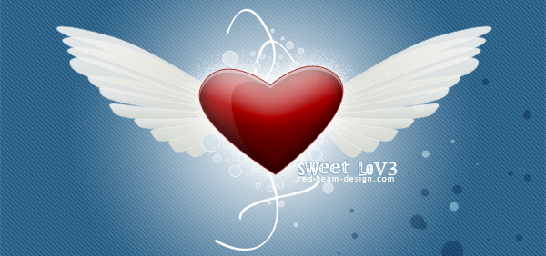 A red heart with white wings on a blue gradient background
