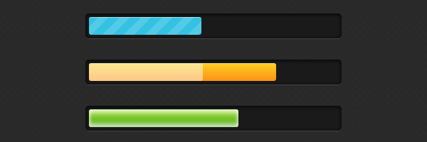 Three colored CSS3 progress bars: blue, yellow and green