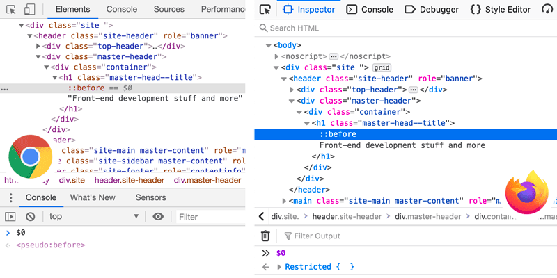 DevTools comparison between Chrome and Firefox on pseudo-elements