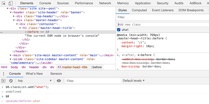 Chrome DevTools screenshot that shows you can add a class on the current pseudo-element